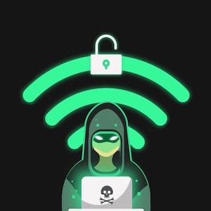 May include: A green Wi-Fi signal icon with a padlock symbol on top, and a hooded figure in front of a laptop with a skull and crossbones icon on the screen.