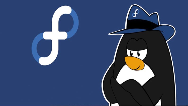 May include: A cartoon penguin wearing a blue fedora with a white "F" on it. The penguin has a black body, white belly, and orange beak. The background is a solid blue.
