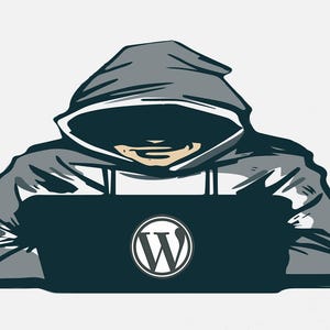 May include: A hooded figure sits in front of a laptop computer with the WordPress logo on the screen.