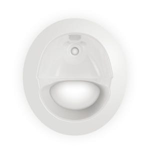 May include: White ceramic urinal with a round bowl and a small hole in the centre. The urinal is mounted on a white wall.