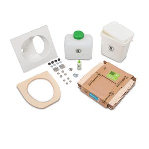 May include: A white toilet bowl with a wooden toilet seat, a white bucket with a lid, a white plastic water tank with a green lid, a small bottle of glue, and a box of wooden parts. The box is labelled "buildyourbackyard.com".