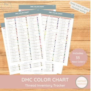 May include: Several DMC colour chart printables with colour swatches and a thread inventory tracker. The charts include 35 new colours and the text "Keep track of your threads easily". The bottom of the image reads "Instant Download".