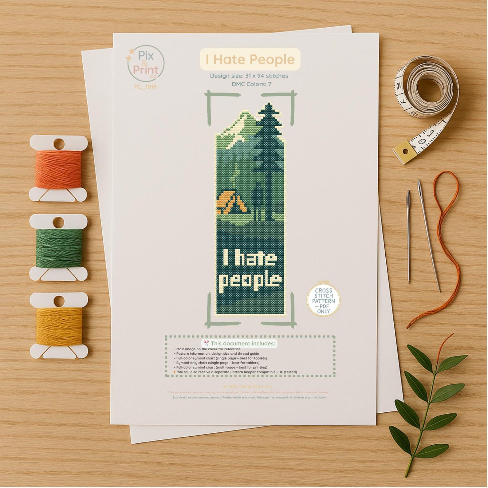 Hate Pattern Cross Stitch Bookmark PDF Pattern | I Hate People Design | Forest ...