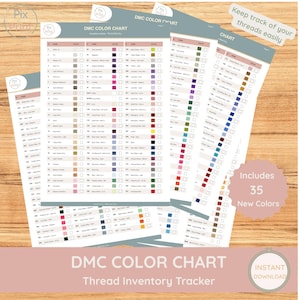 May include: A stack of DMC color chart printables with a thread inventory tracker. The charts display a variety of thread colors with corresponding numbers. Text includes "Keep track of your threads easily" and "Includes 35 New Colors."