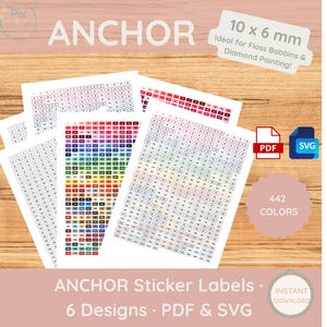 Könnte beinhalten: ANCHOR Aufkleber-Etiketten mit 6 Designs, PDF- und SVG-Formate. Geeignet für Garnrollen und Diamantmalerei, 10 x 6 mm. Das Set enthält 442 Farben. Sofortiger Download verfügbar.