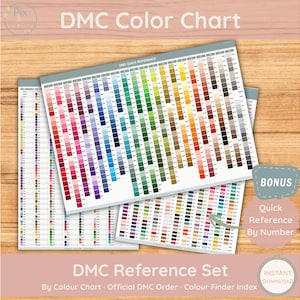 May include: A DMC colour chart and reference set featuring a grid of coloured squares organised by hue, with numerical labels for each shade. The document includes the text DMC Colour Chart, DMC Quick Reference, and Bonus Quick Reference By Number.