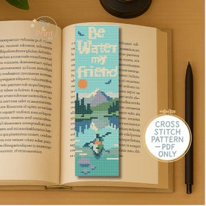 Cross Stitch Bookmark Pattern PDF | Be Water My Friend | Mountain Landscape | Lake & Kayak | Nature