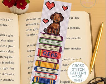 Puppy & Books Cross Stitch Bookmark Pattern (PDF)