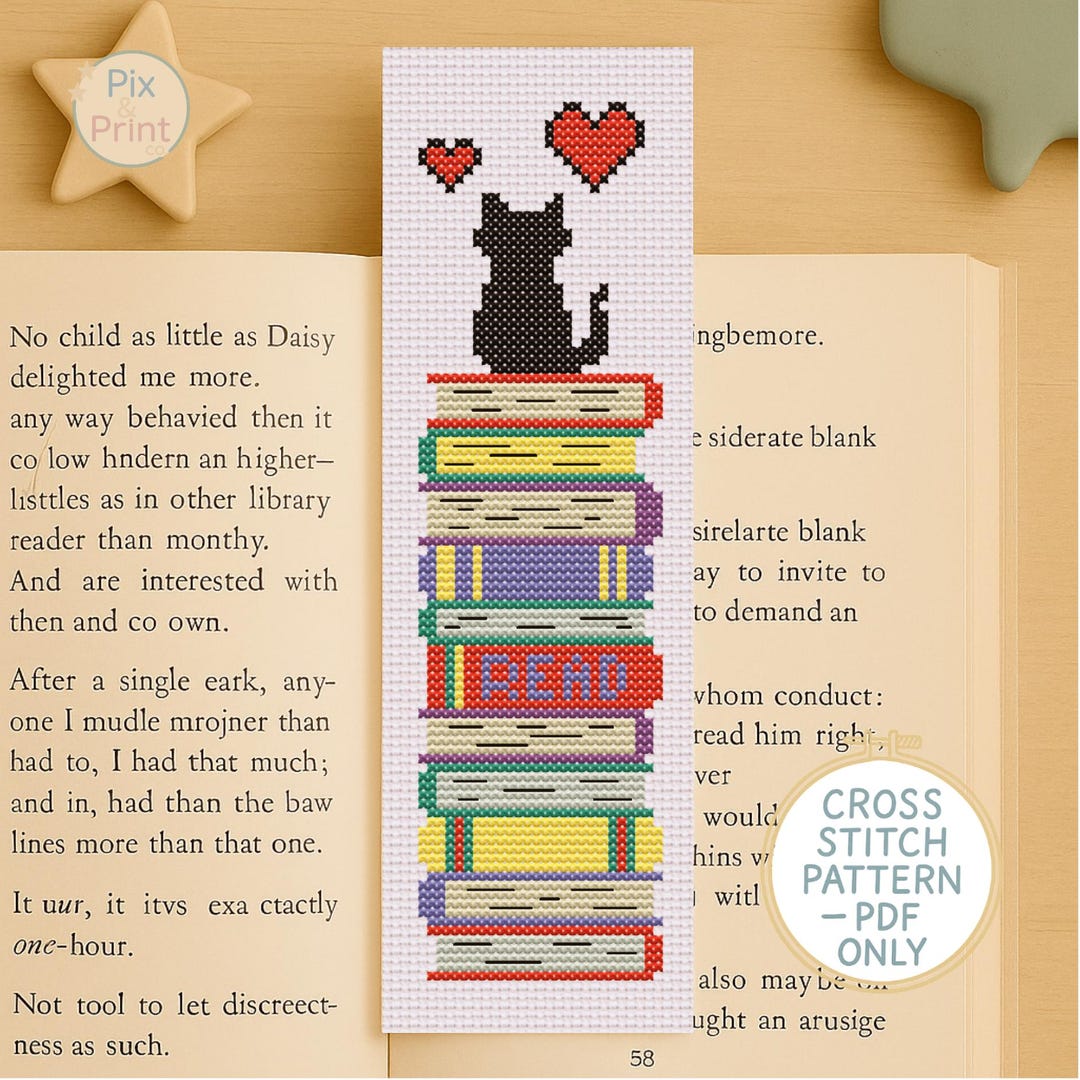 Cross Stitch Bookmark Pattern PDF | Cat Design for Readers | Stacked ...
