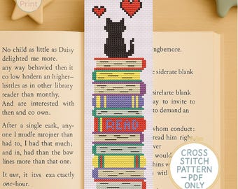 Patrón de marcapáginas de punto de cruz en PDF / Diseño de gato para lectores / Libros apilados / Marcador de lectura / Regalo para amantes de los libros