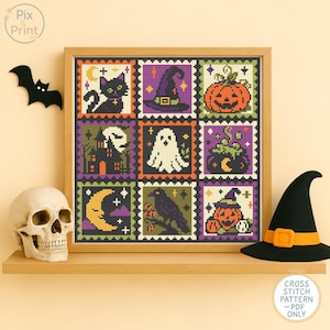 Pode incluir: Um padrão de ponto cruz emoldurado com nove ícones quadrados com tema de Halloween, incluindo um gato preto, chapéu de bruxa, abóbora, casa assombrada, fantasma, caldeirão, lua crescente, corvo e lanterna, dispostos em uma grade colorida.