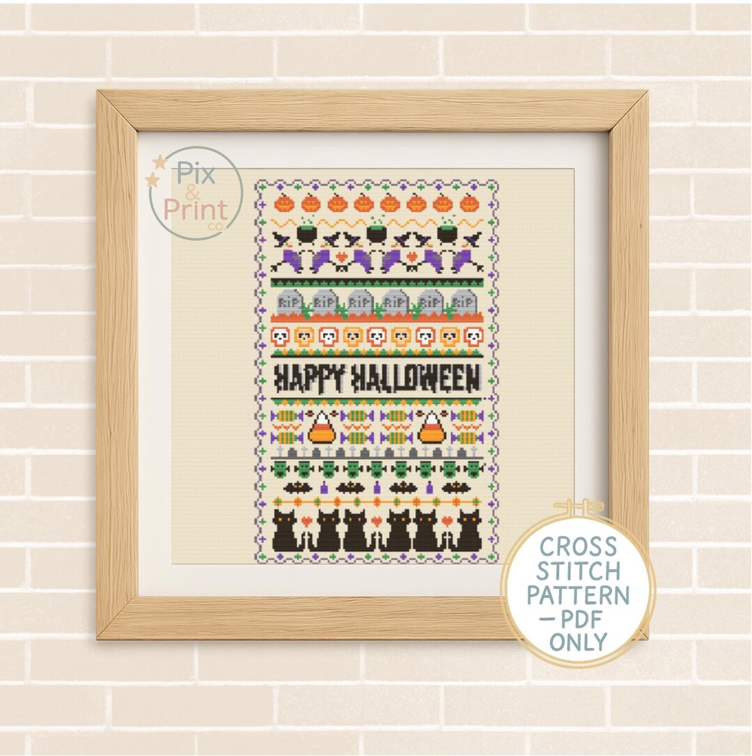 Halloween Sampler Cross Stitch Pattern | Spooky Ghosts, Pumpkins (PDF ...