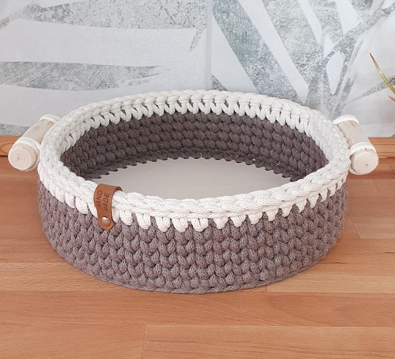 Brötchenkorb mit Holzgriffen, Brotkorb Häkelkorb Holzboden Küchenhelfer, Geschenkidee, Utensillo Körbchen Küche Esstisch Modern Aufbewahrung