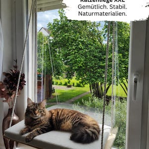 Può includere: Un trespolo rettangolare in legno per gatti sospeso da corde bianche davanti a una finestra, dotato di un cuscino grigio chiaro. Un gatto tigrato marrone è sdraiato sul trespolo. Il testo sull'immagine recita: Katzenliege XXL Gemütlich. Stabil. Naturmaterialien.