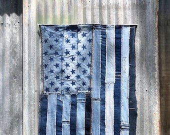 Denim US Flag 32x56 - in stock - fiber art wall decor recycled vintage jeans Wrangler Levis etc USA America wedding housewarming birthday