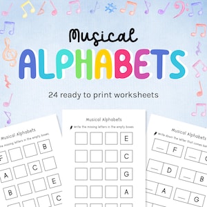 Musical Alphabet theory worksheets for young children, and beginners, Large Print with printable playing cards and scrabble game template.