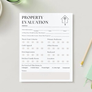 May include: A printable property evaluation checklist with a key icon. The checklist includes sections for curb appeal, first impression, kitchen and family room, backyard, location, and primary bedroom. It also asks for the client's information, including name, email, and phone number.