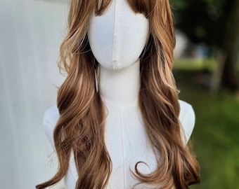26-inch Reddish Brown Highlights Wave Wig with Bangs, Heat-Resistant Synthetic Hair
