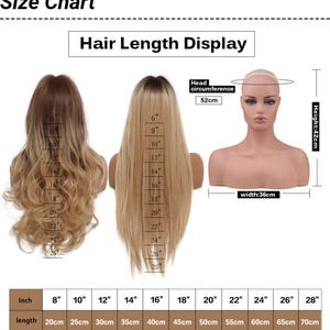 Op de afbeelding: Een maattabel voor pruiken toont de haarlengte in inches en centimeters. De tabel toont pruiklengtes van 20 cm tot 70 cm. Een mannequinhoofd is ook afgebeeld, met een hoofdomtrek van 52 cm, een breedte van 36 cm en een hoogte van 42 cm.