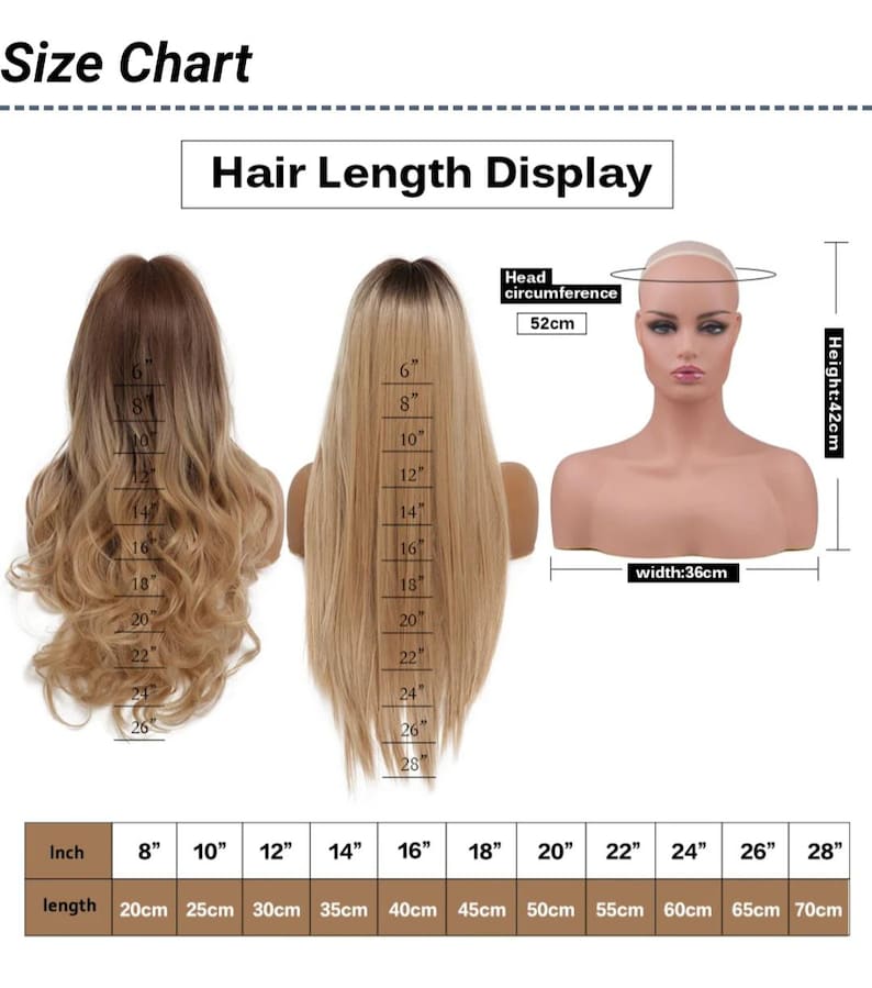 Op de afbeelding: Een maattabel voor pruiken toont de haarlengte in inches en centimeters. De tabel toont pruiklengtes van 20 cm tot 70 cm. Een mannequinhoofd is ook afgebeeld, met een hoofdomtrek van 52 cm, een breedte van 36 cm en een hoogte van 42 cm.