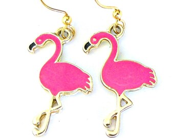 Pink flamingo earrings, hot pink and gold enamel wading bird charms, animal jewelry, ostrich, crane, pelican