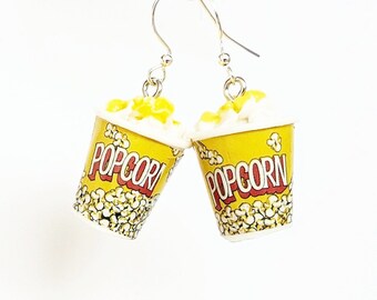 Popcorn charm earrings, snack food jewelry, faux food popcorn earrings, fun gift for movie lover, cinema buff, teen, girl