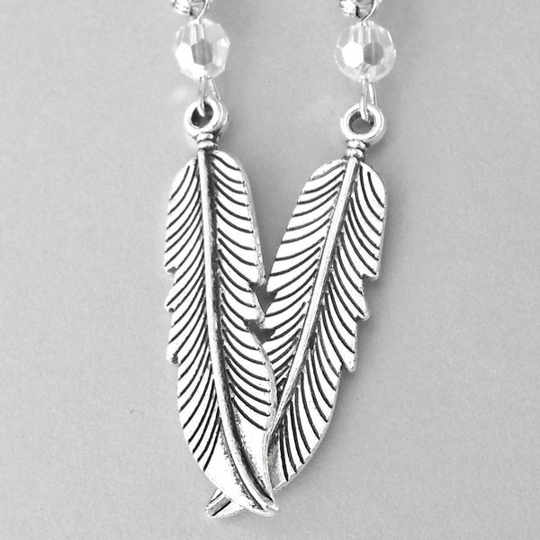 Long silver feather earrings with crystal, tribal, bohemian, boho chic, dramatic statement