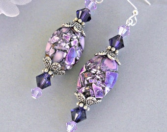 Purple earrings, purple magnesite stone, amethyst purple and violet, Swarovski crystal, bridal earrings, birthday gift