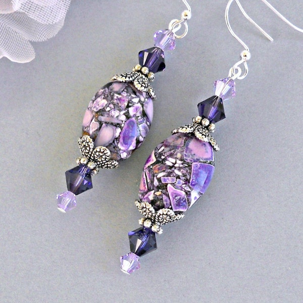 Purple earrings, purple magnesite stone, amethyst purple and violet, Swarovski crystal, bridal earrings, birthday gift