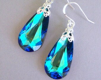 Electric blue and teal crystal earrings, Bermuda Blue Austrian crystal teal teardrop earrings, bridal earrings, sterling silver, peacock