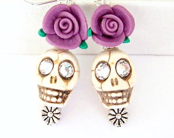 Ivory skull earrings, Halloween theme, Dia de los muertos, white skull earrings, Day of the Dead earrings, purple flower, white sugar skull