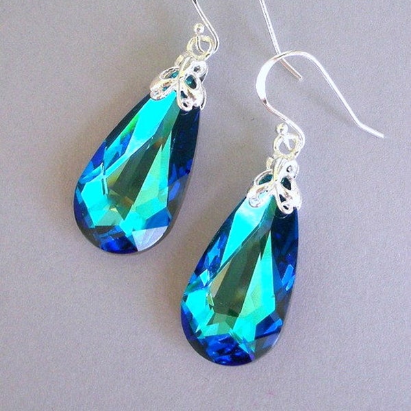 Electric blue and teal crystal earrings, Bermuda Blue Austrian crystal teal teardrop earrings, bridal earrings, sterling silver, peacock