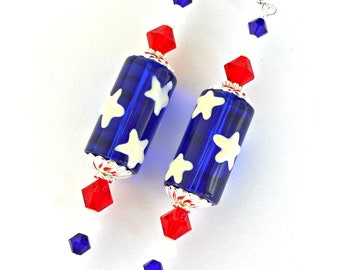 Patriotic earrings, lampwork glass red, white and blue with Swarovski crystal, July 4, US Independence Day