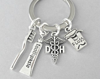 Dental hygienist key ring with toothbrush, toothpaste and floss charms - perfect dental themed gift