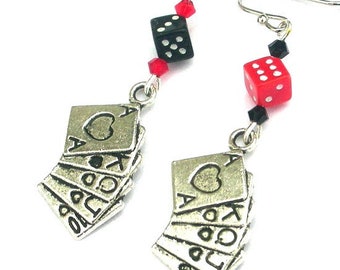 Gambling earrings, deck of cards, playing card suit, lucky dice, royal flush, casino theme, poker game, slot machine jackpot, roulette Bunco