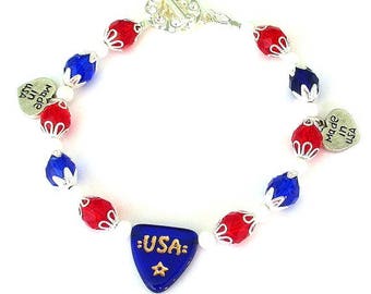 Patriotic bracelet, red, white and blue bracelet, July 4, Independence Day, USA, Czech glass and crystal bracelet