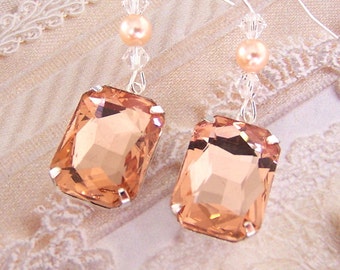 Peach bridal earrings, vintage glass, emerald cut peach jewels, Swarovski crystal, rectangular peach glass octagon earrings, statement