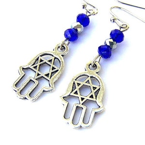 Hamsa with Star of David earrings, Jewish star, Hanukkah gift, Judaica jewelry, cobalt blue and silver, Bat Mitzvah present, amulet, hand