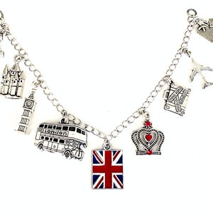 London charm bracelet, England bracelet, travel, Love London, Queen Elizabeth, British flag, Big Ben, castle, crown, double decker bus charm