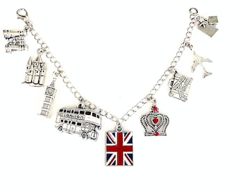 London charm bracelet, England bracelet, travel, Love London, Queen Elizabeth, British flag, Big Ben, castle, crown, double decker bus charm
