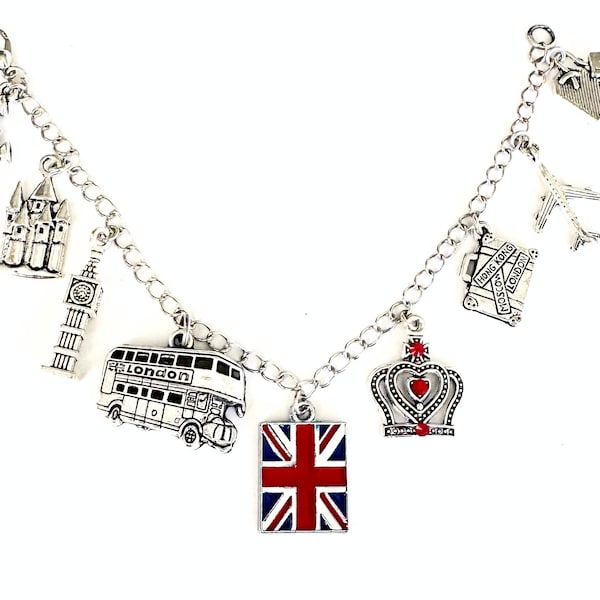 London charm bracelet, England bracelet, travel, Love London, Queen Elizabeth, British flag, Big Ben, castle, crown, double decker bus charm