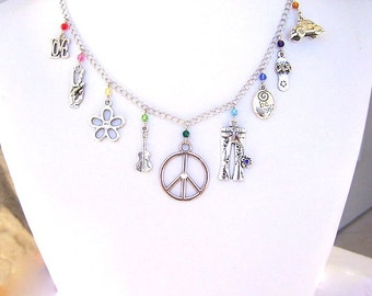 Peace necklace, hippie charm necklace, 1960s theme necklace, flower child, bell bottom jeans, love, peace sign, psychedelic