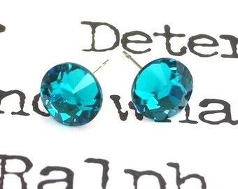 Blue Zircon stud earrings, 7mm blue green Swarovski crystal post earrings, teal bridal jewelry, Mother's Day gift for her