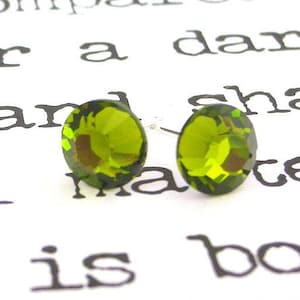 Small olive green Swarovski crystal stud earrings, 1/4 inch in diameter, 7mm crystal post earrings, olivine studs