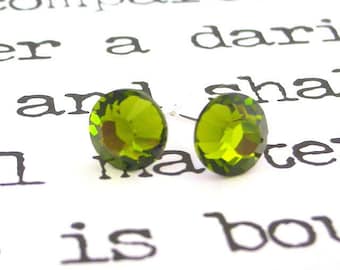 Olive green Swarovski crystal stud earrings, 1/4 inch in diameter, 7mm crystal post earrings, olivine studs