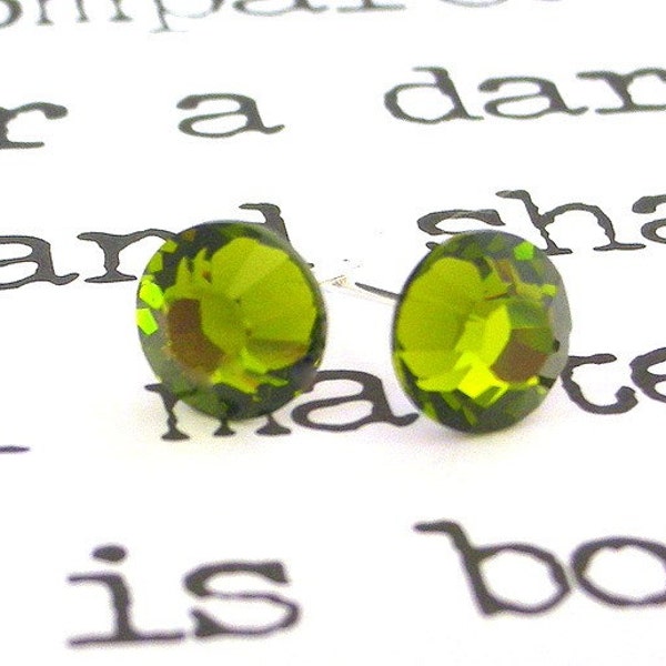 Olive green Swarovski crystal stud earrings, 1/4 inch in diameter, 7mm crystal post earrings, olivine studs