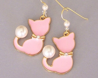 Pink cat earrings, pink enamel cat with white pearls drop earrings, birthday gift for her, present for animal lover