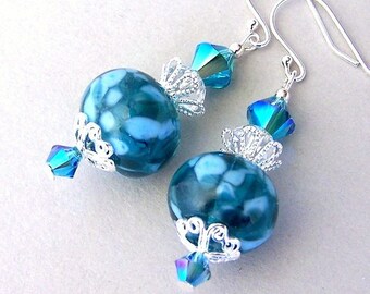 Teal earrings, artisan lampwork glass with Swarovski Indicolite crystals, teal blue
