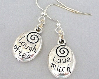Silver inspirational earrings, Laugh Often, Love Much earrings, oval message, silver words, 12 step program gift, recovery gift, sobriety