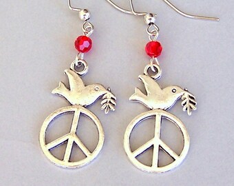 Peace sign earrings with bird, 1960 hippie earrings, flower child, love, peace with bird, peace symbol with crystals